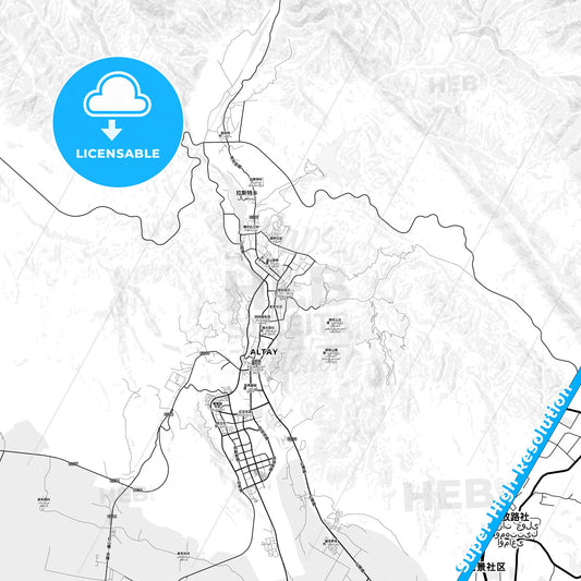 Altay, China light map with streetnames, citynames and districts