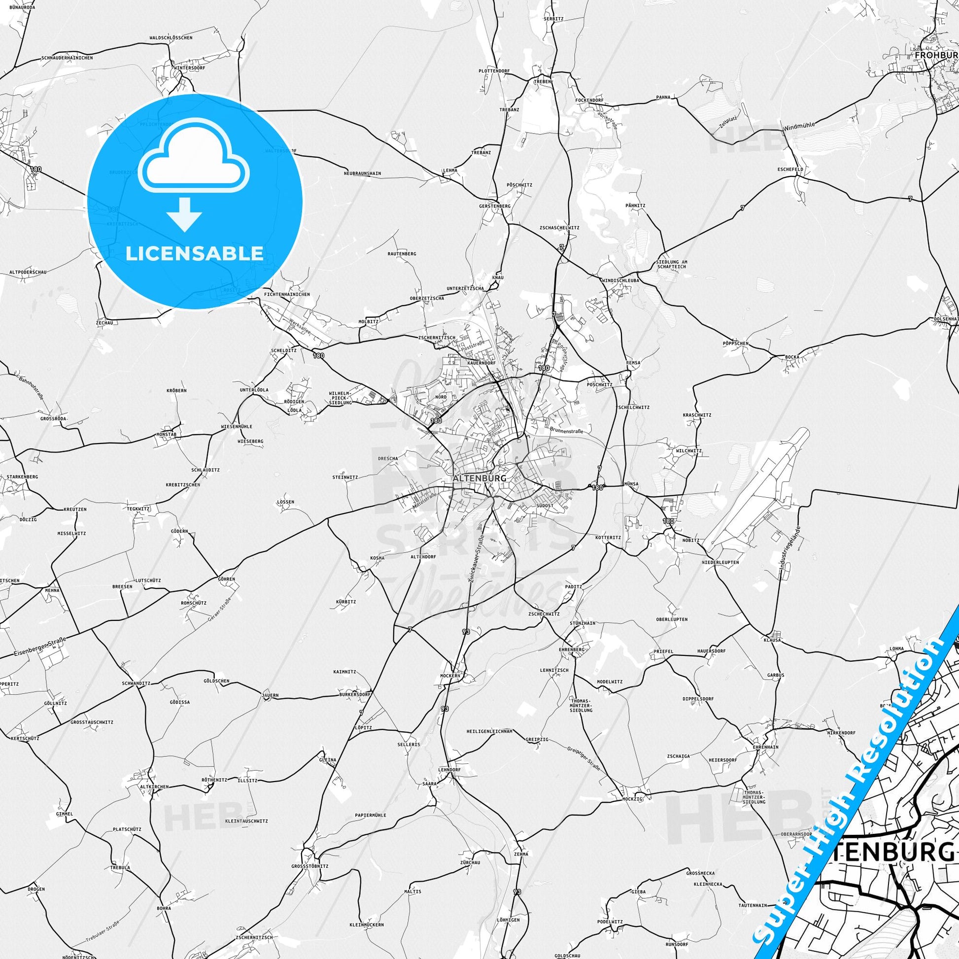 Altenburg, Germany light map with streetnames, citynames and districts