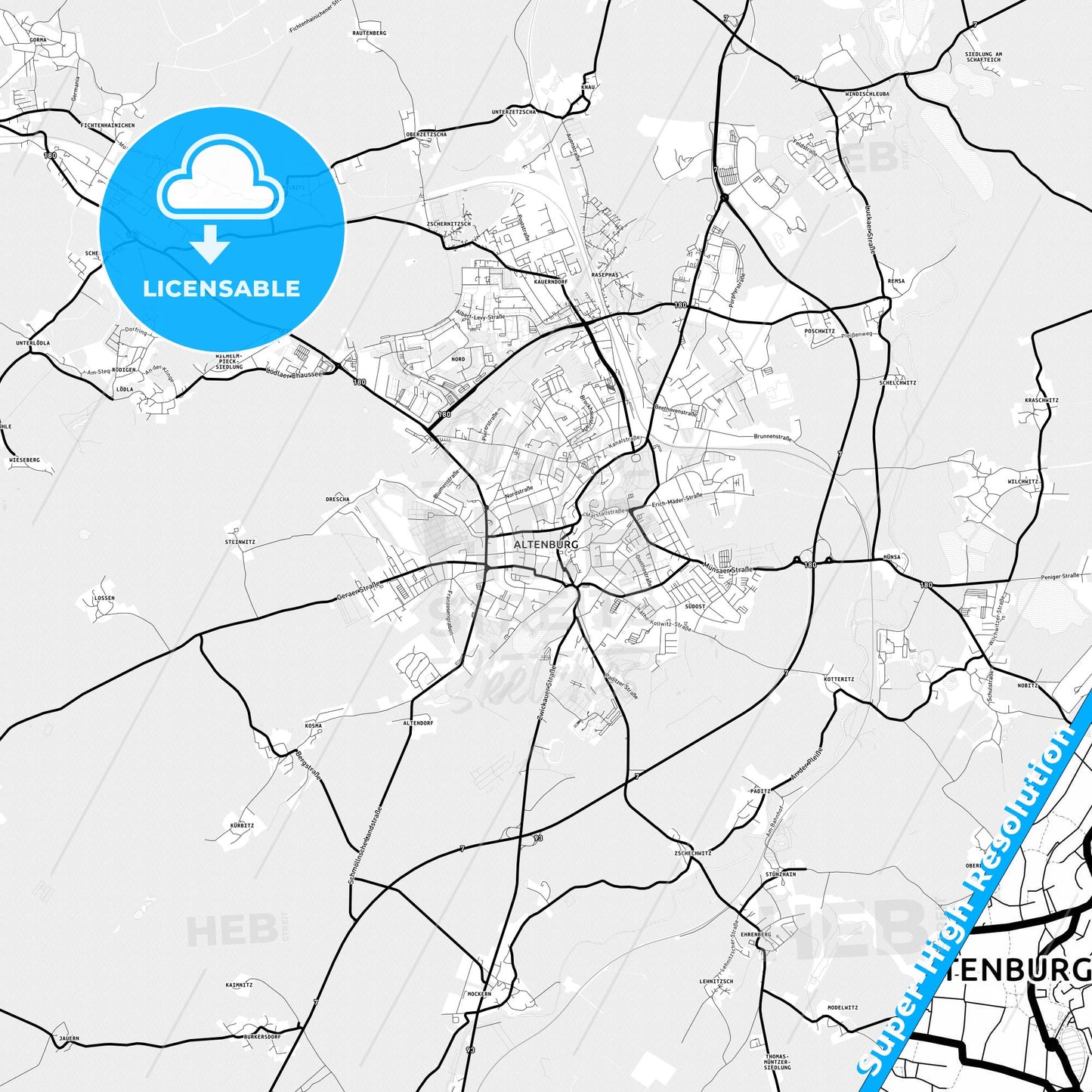 Altenburg, Germany Light Map with Street Names, City Names, and Districts