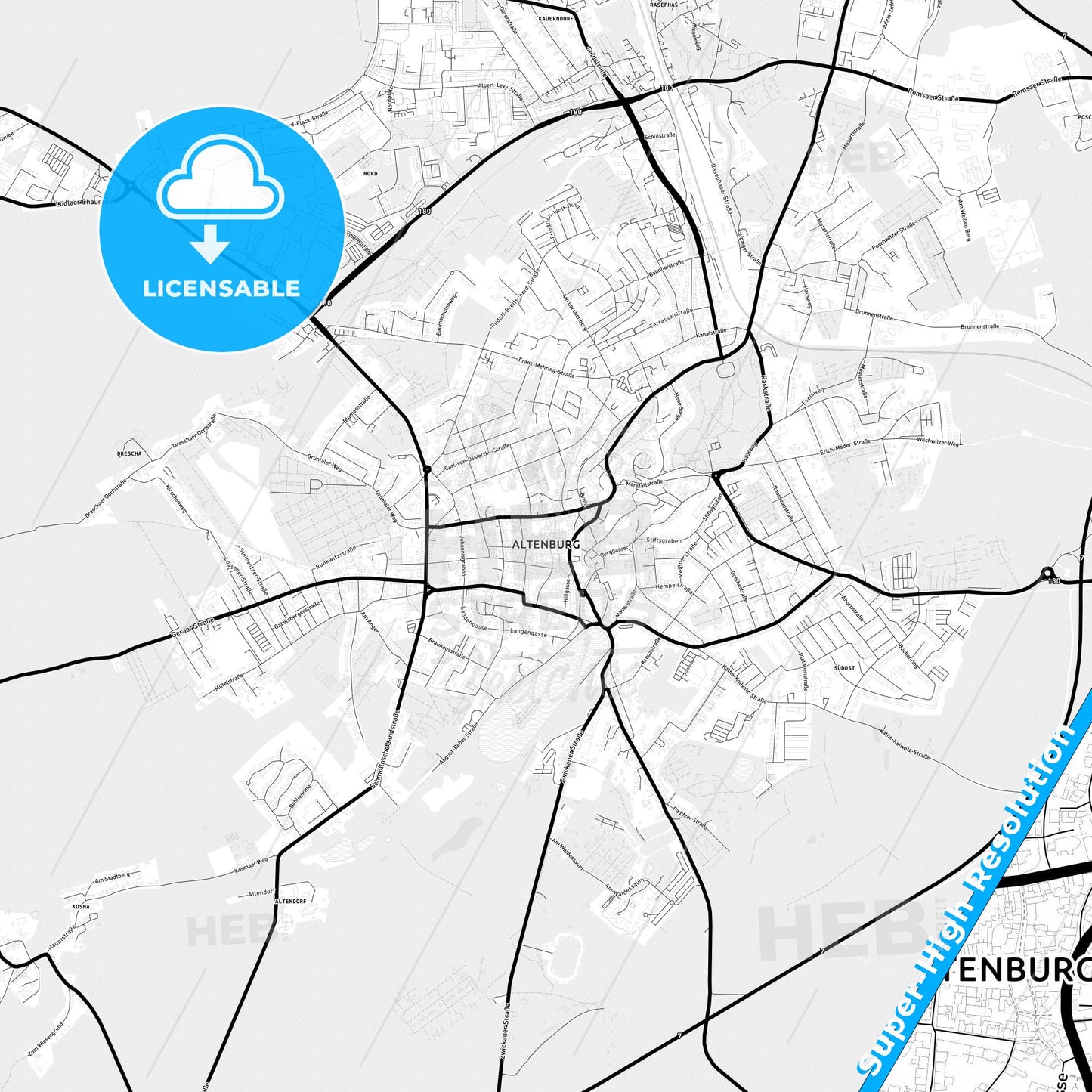 Altenburg, Germany Light Map with Street Names, City Names, and Districts