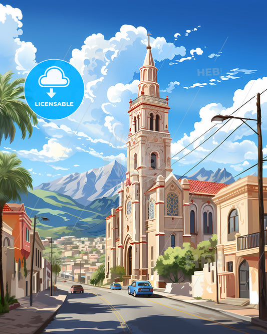 Vibrant Artistic Cityscape Painting: Alto Barinas Venezuela Skyline with Church Steeple and Palm Trees