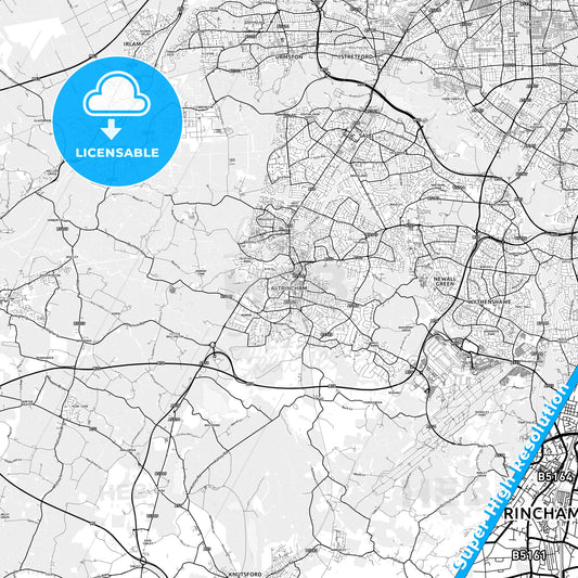 Altrincham, England light map with streetnames, citynames and districts