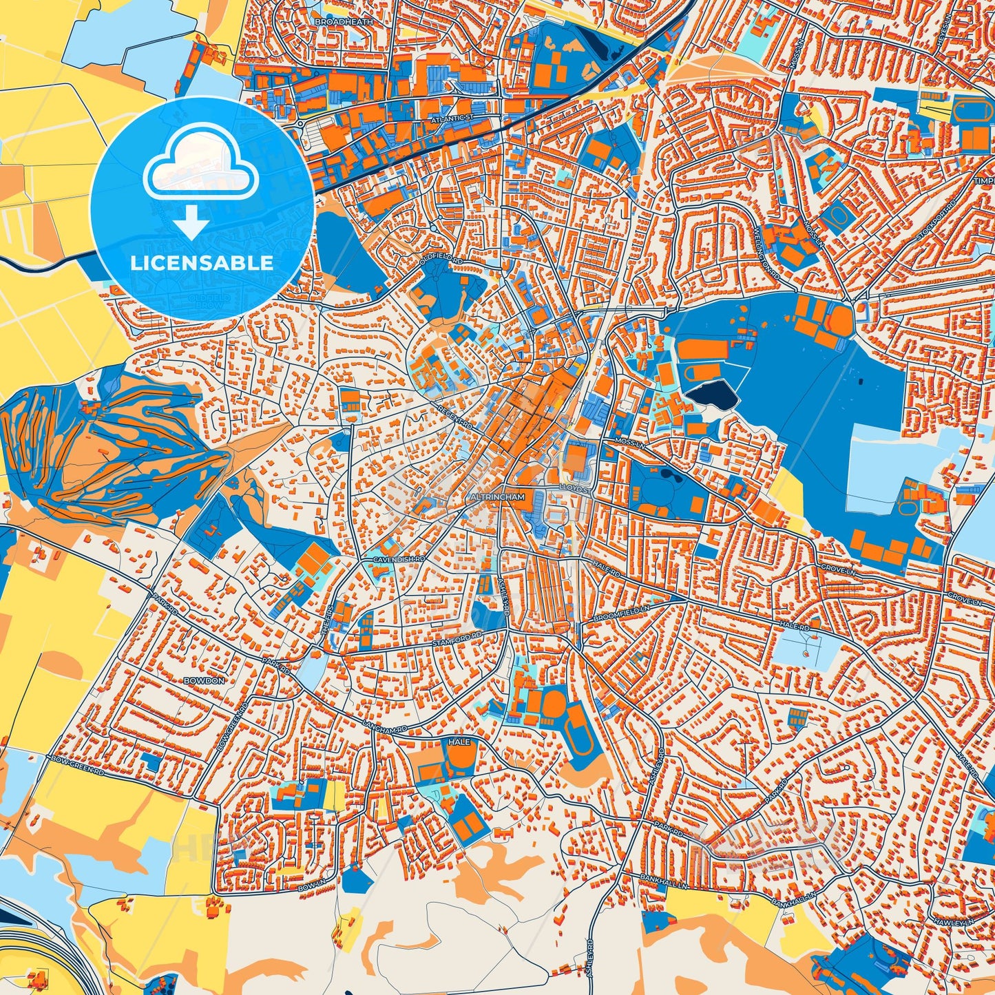 Colorful Altrincham Street Map with Labels and Buildings
