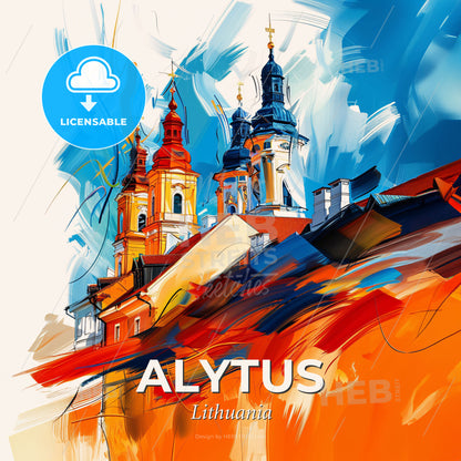 Vibrant Alytus, Lithuania - A Painting Of A Building With A Blue And Orange Background - Square format print template
