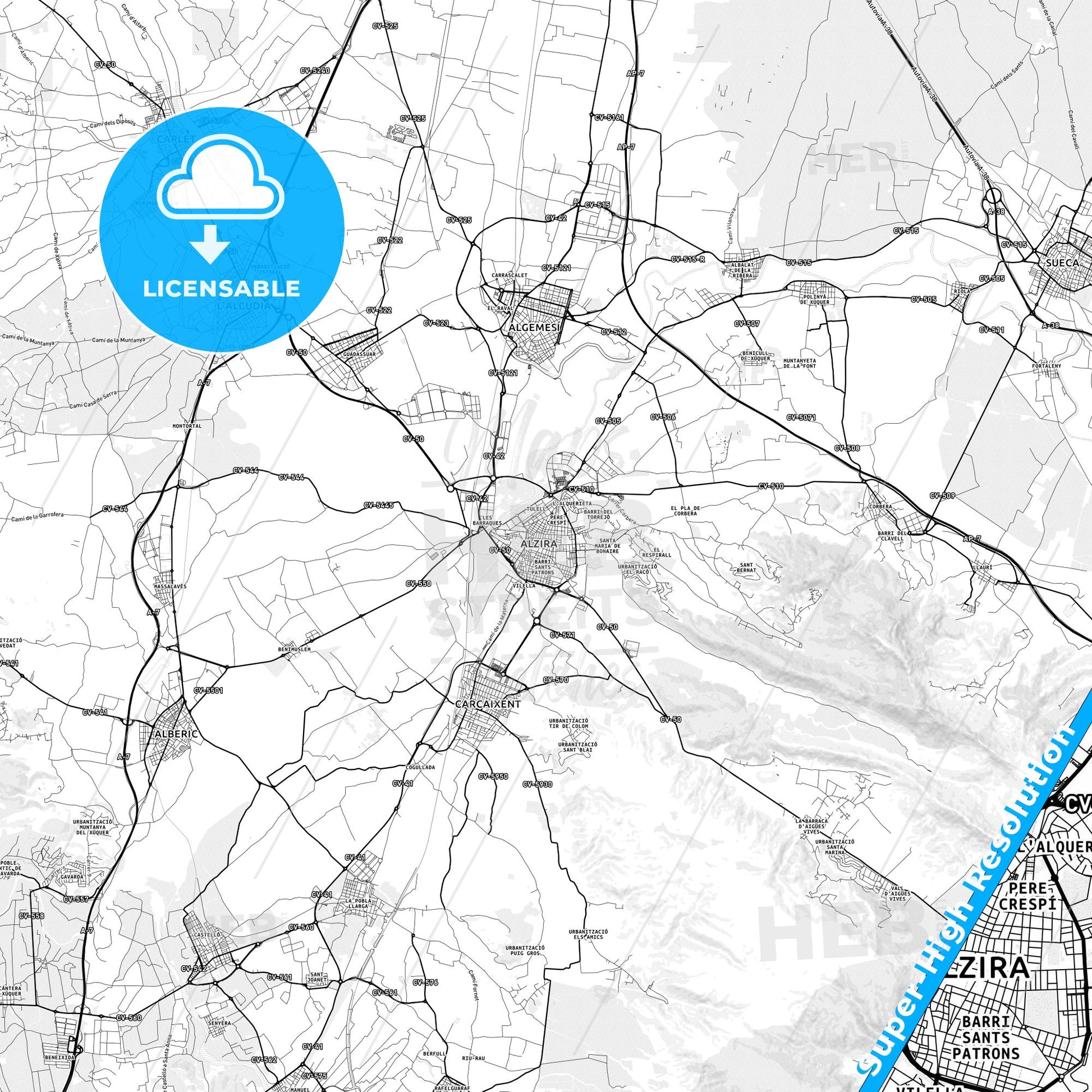 Alzira, Spain light map with streetnames, citynames and districts