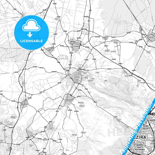 Alzira, Spain light map with streetnames, citynames and districts