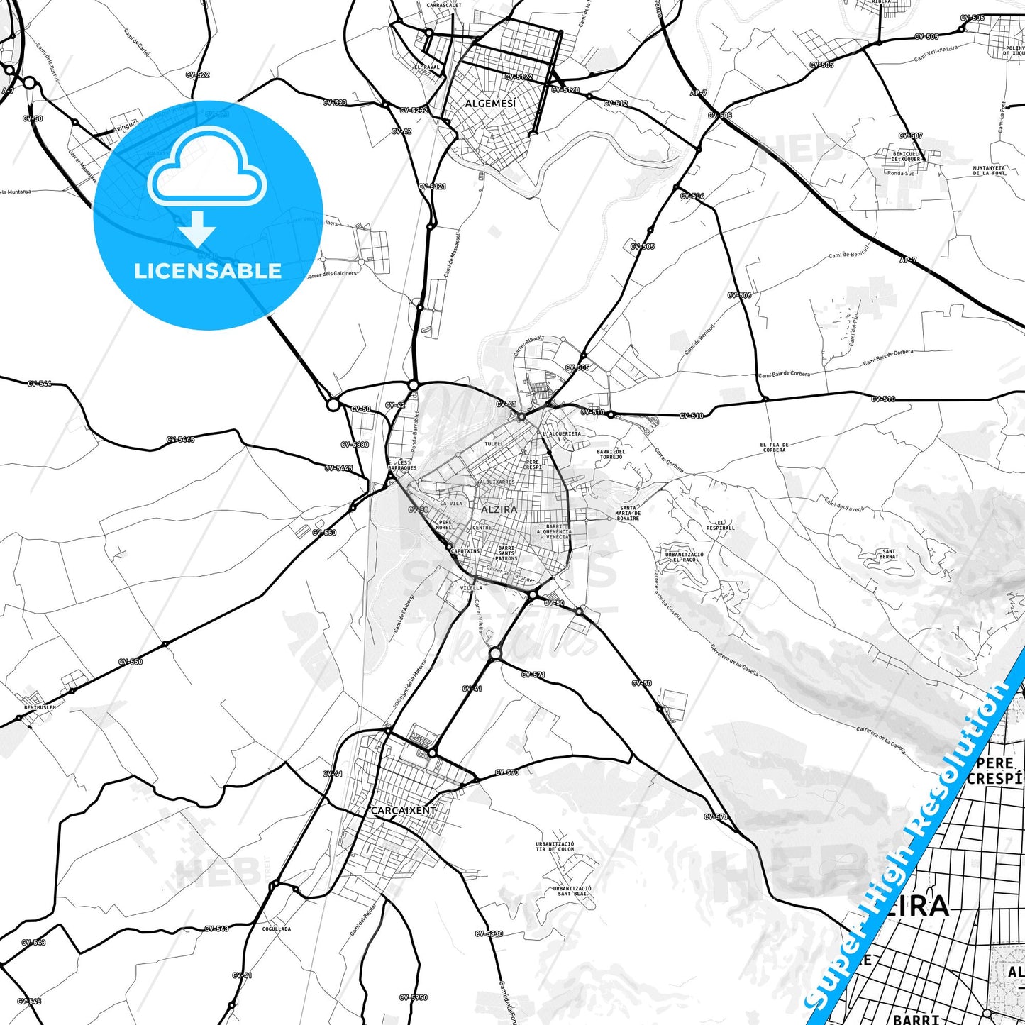 Alzira, Spain Light Map with Street Names, City Names, and Districts