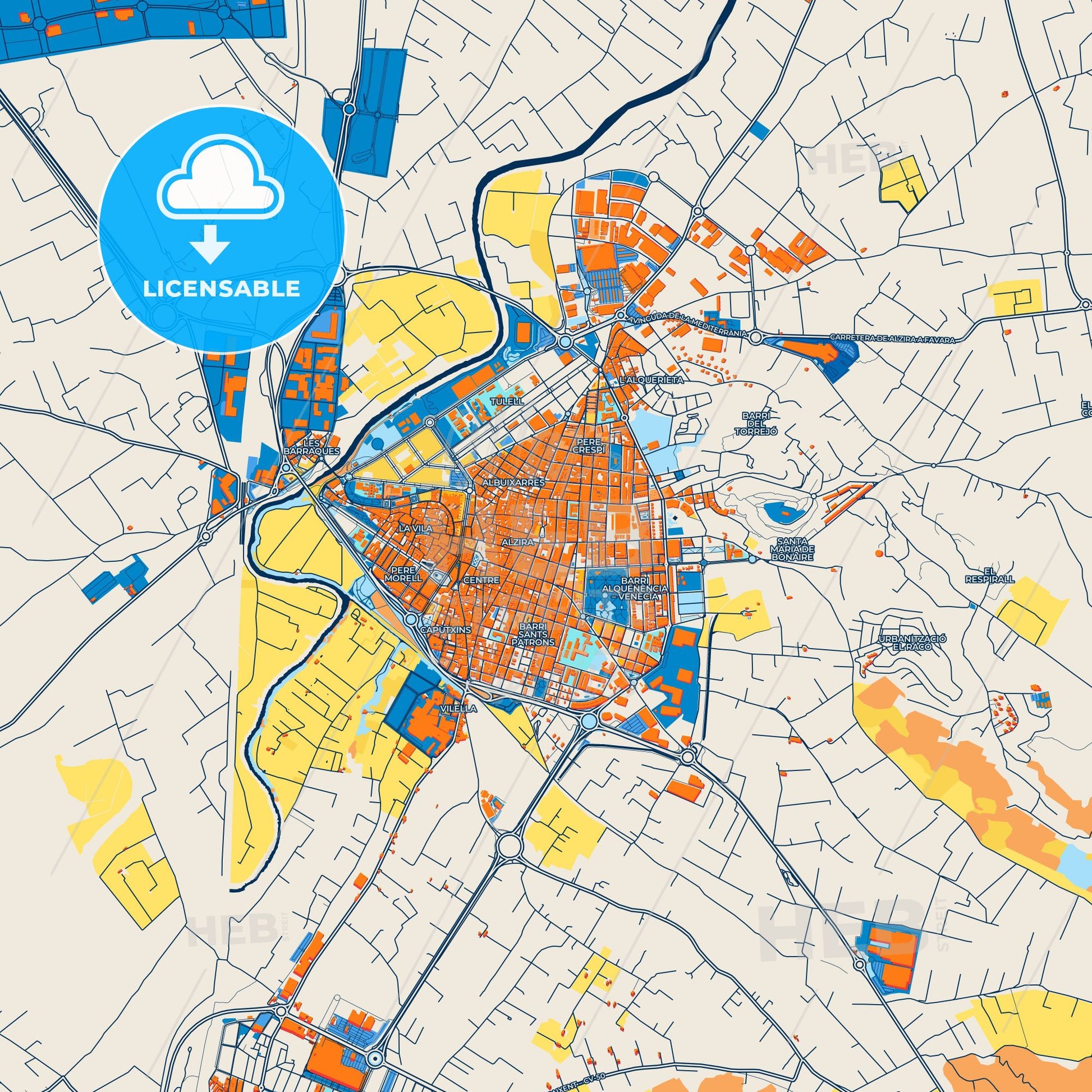 Colorful Alzira Street Map with Labels and Buildings