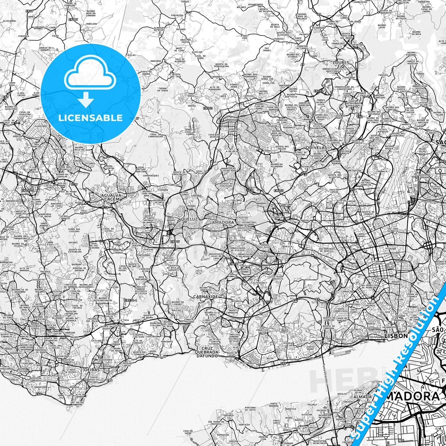 Amadora, Portugal light map with streetnames, citynames and districts