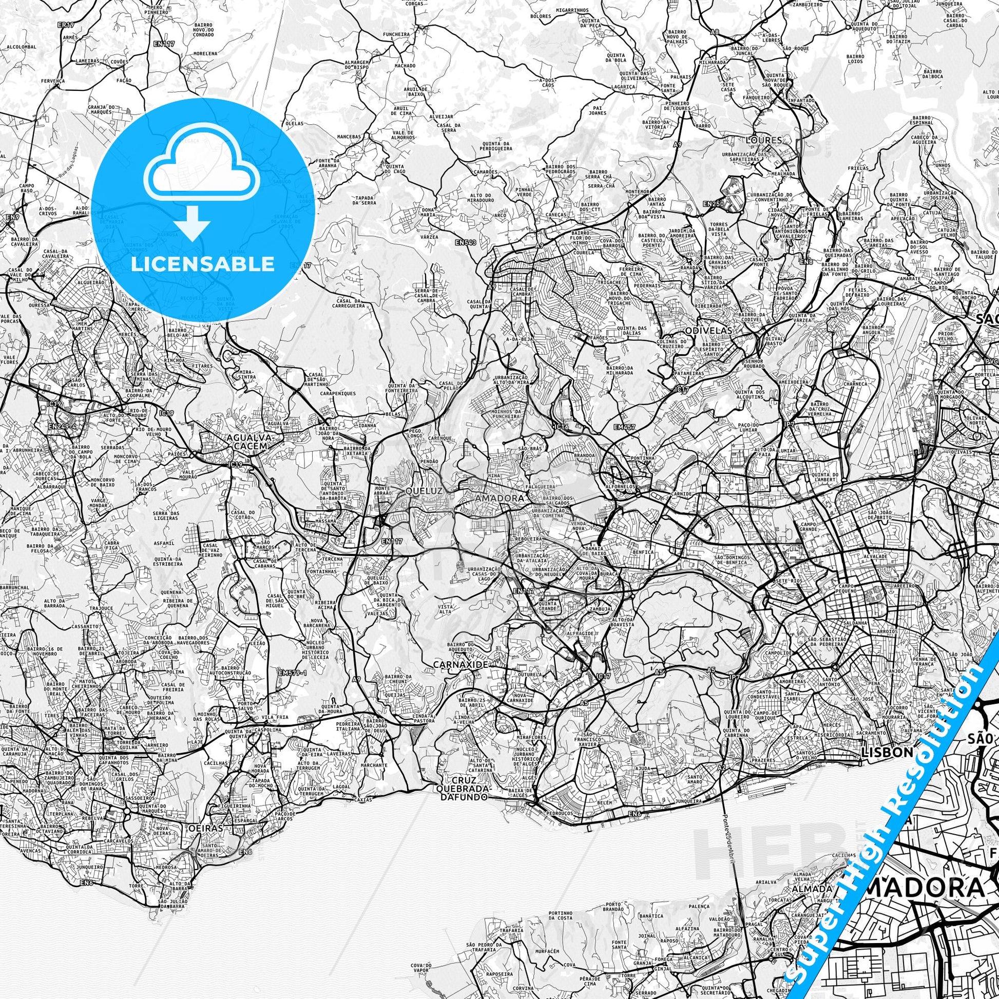 Amadora, Portugal light map with streetnames, citynames and districts