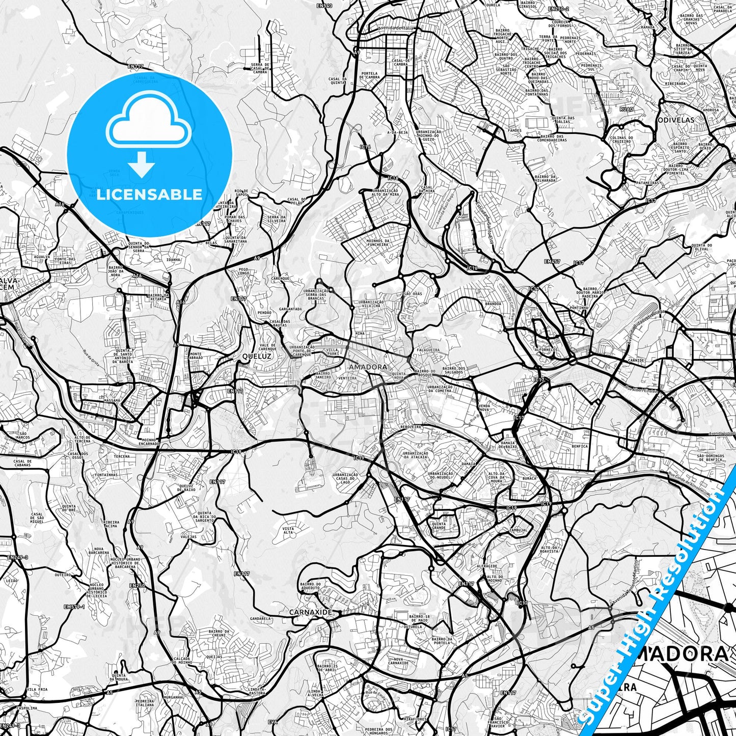 Amadora, Portugal Light Map with Street Names, City Names, and Districts