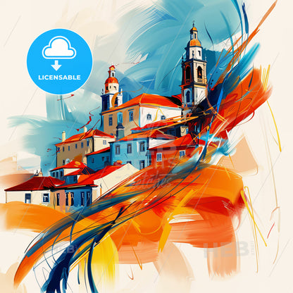 Vibrant Amadora, Portugal - A Painting Of A Building With A Colorful Brushstroke