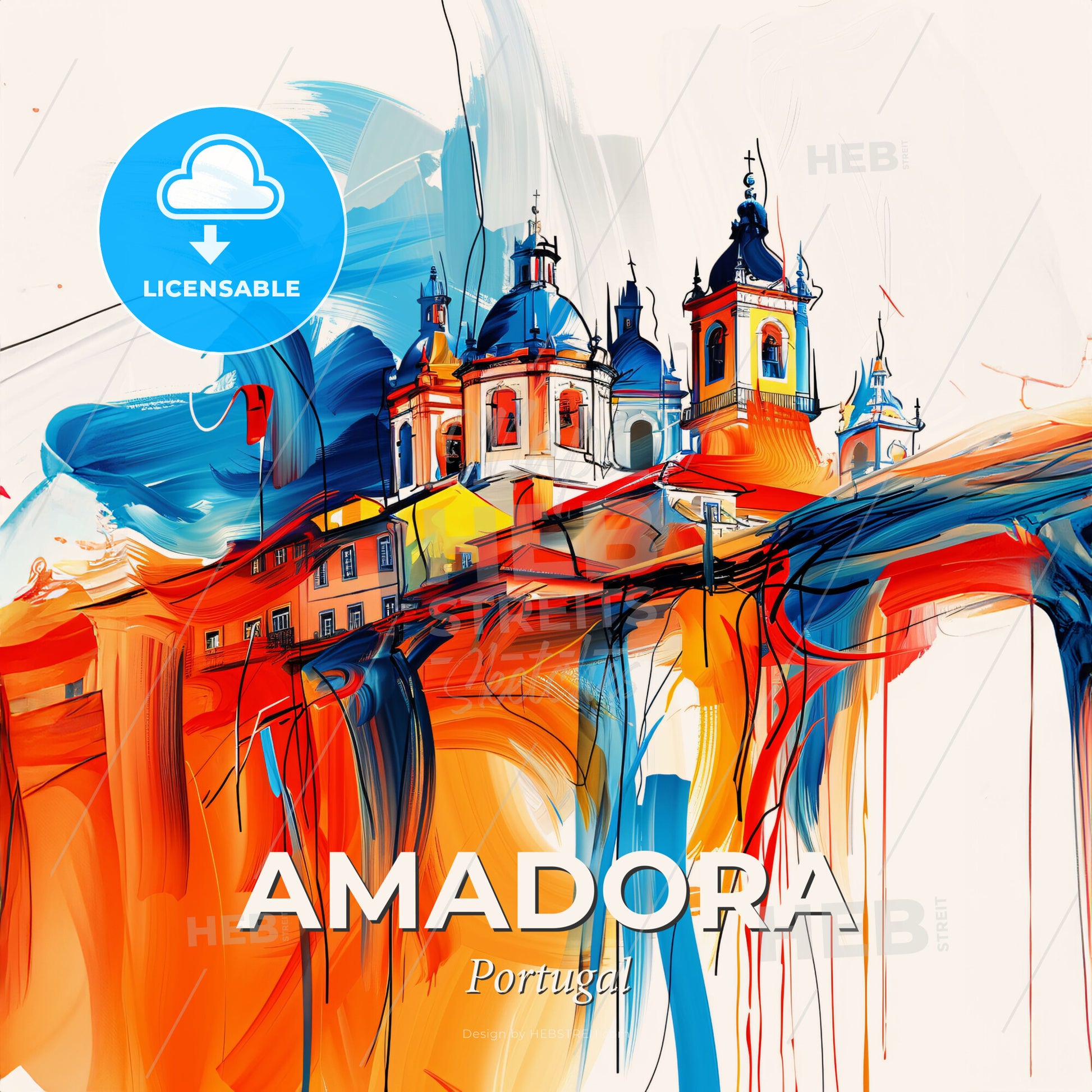 Vibrant Amadora, Portugal - A Painting Of A Building With Blue And Orange Paint - Square format print template