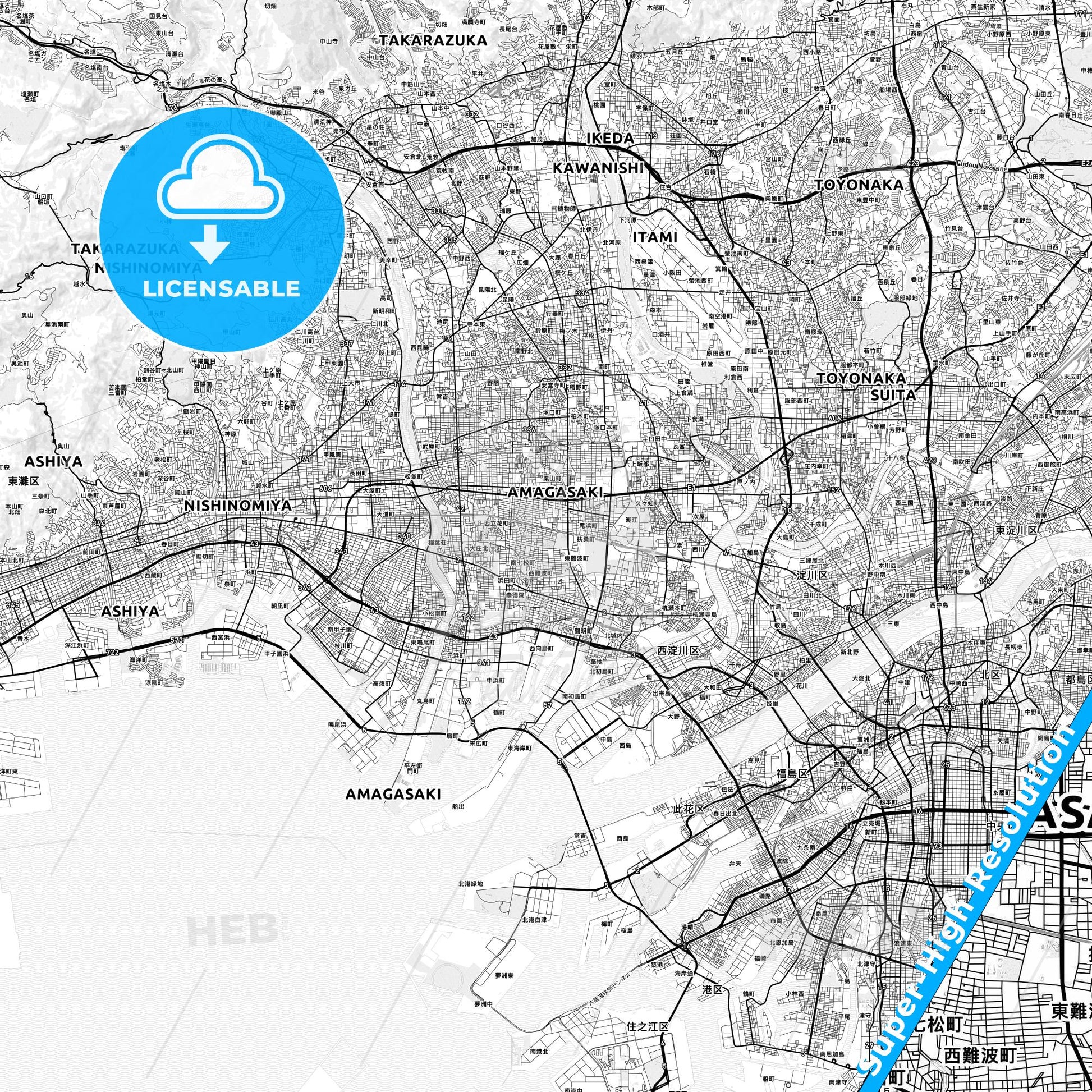 Amagasaki, Japan light map with streetnames, citynames and districts