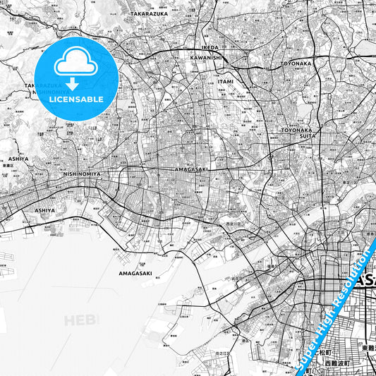 Amagasaki, Japan light map with streetnames, citynames and districts