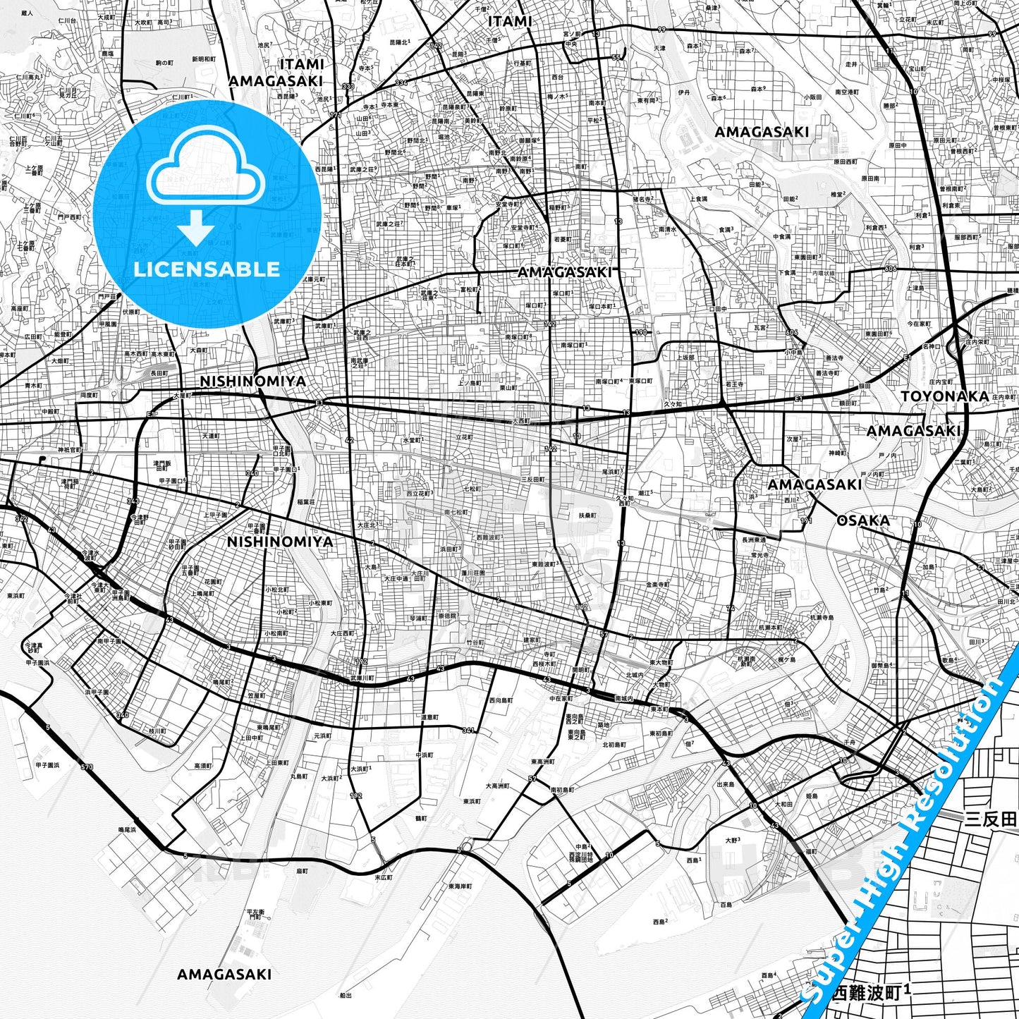 Amagasaki, Japan Light Map with Street Names, City Names, and Districts