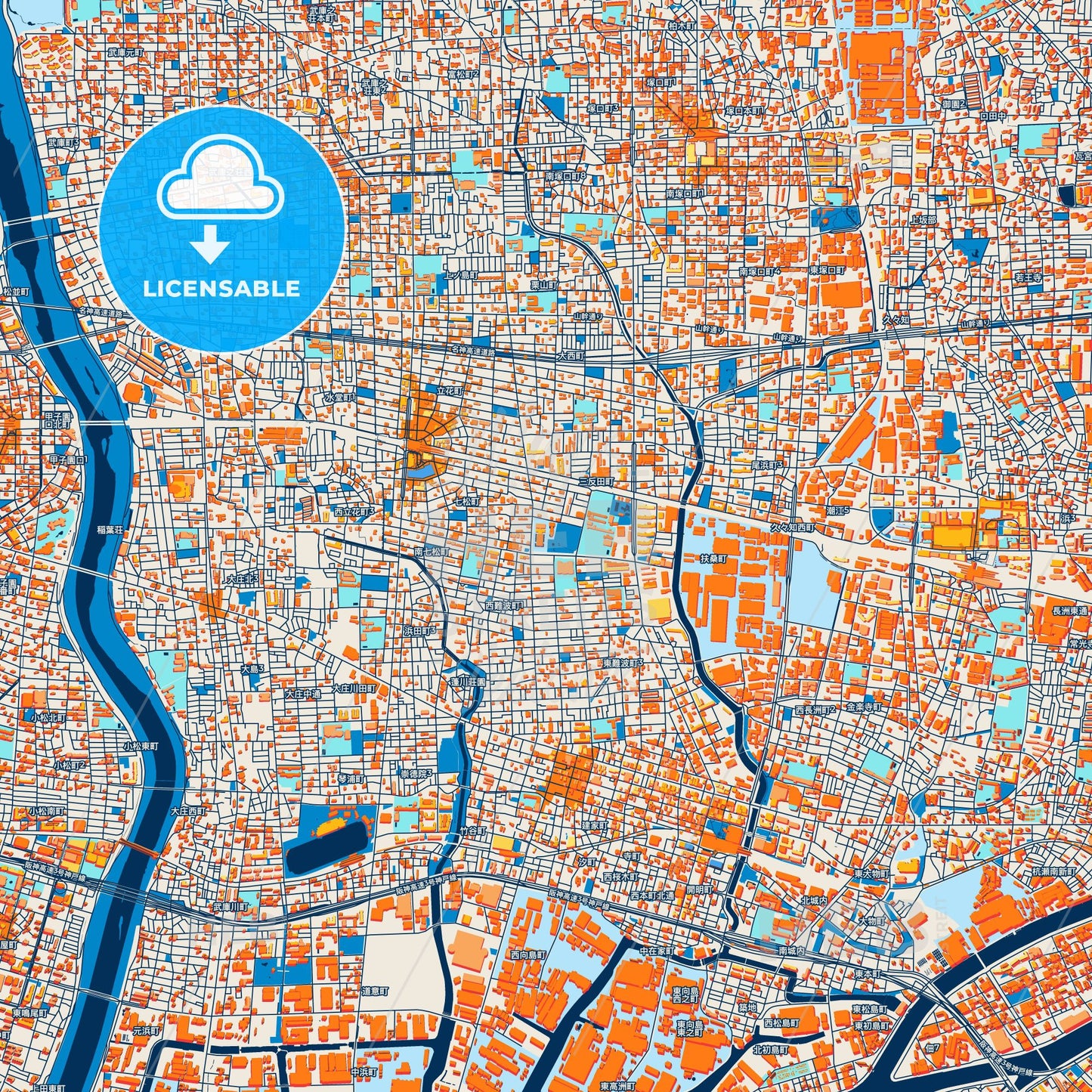 Colorful Amagasaki Street Map with Labels and Buildings