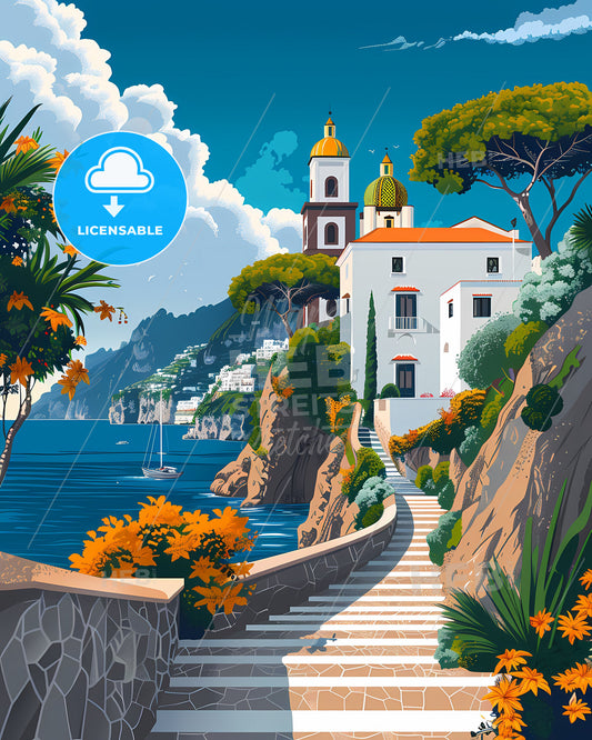 Vibrant Artistic Amalfi Coast Stairway Travel Painting with Ample Copy Space
