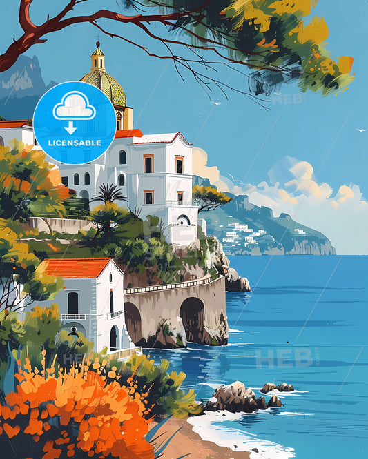 Amalfi Coast Minimalistic Travel Painting with Vibrant Brushstrokes, Building on Cliff by Water, Wide Copy Space