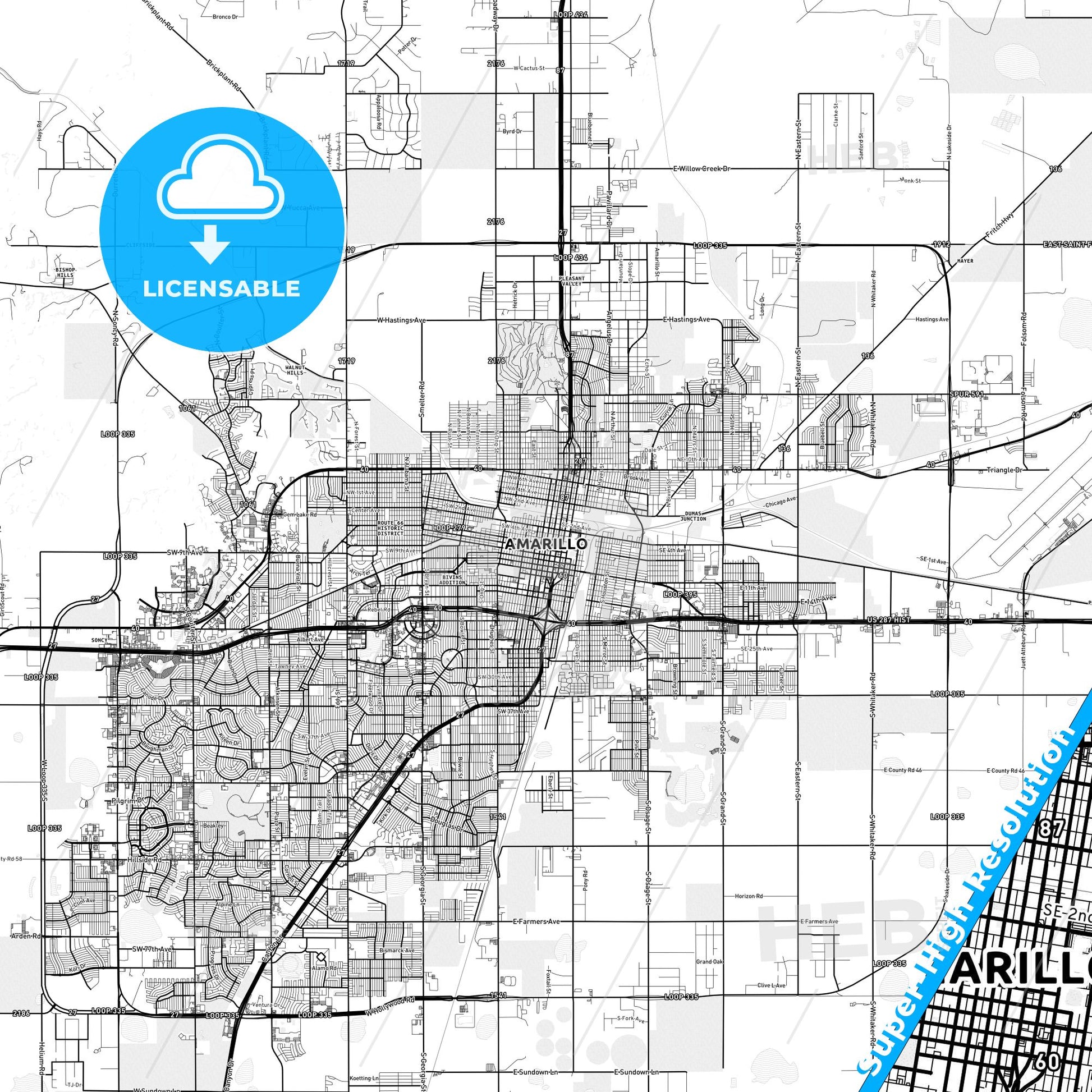 Amarillo, Texas light map with streetnames, citynames and districts