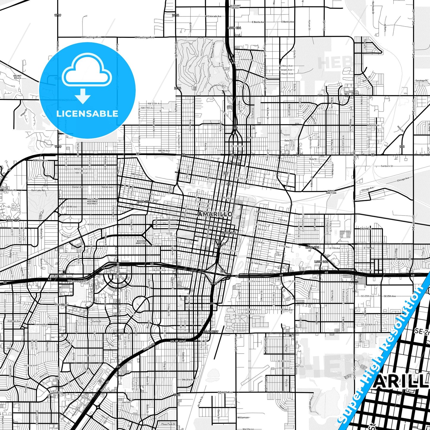 Amarillo, Texas Light Map with Street Names, City Names, and Districts
