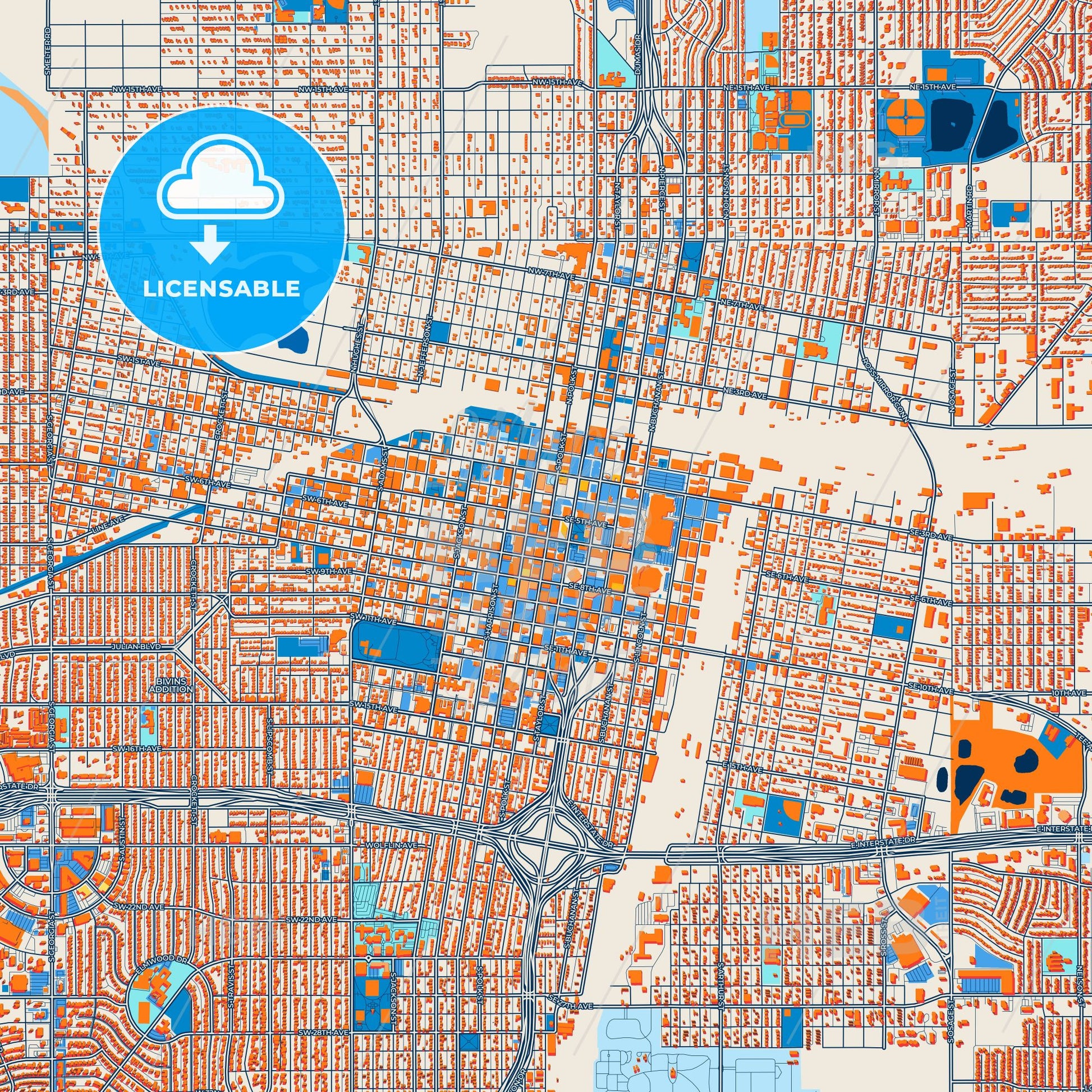 Colorful Amarillo Street Map with Labels and Buildings