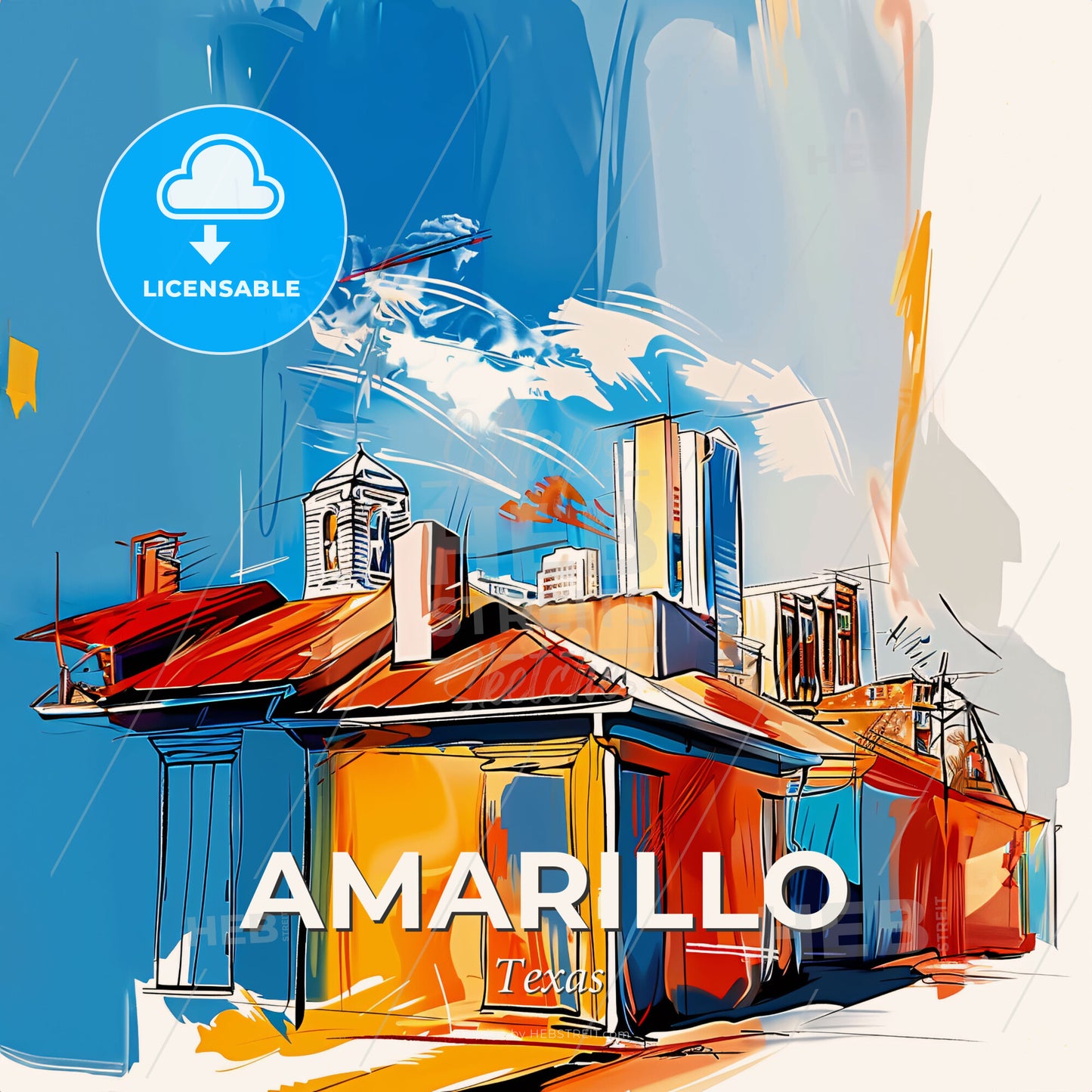 Vibrant Amarillo, Texas - A Painting Of A Building With A Rooftop - Square format print template