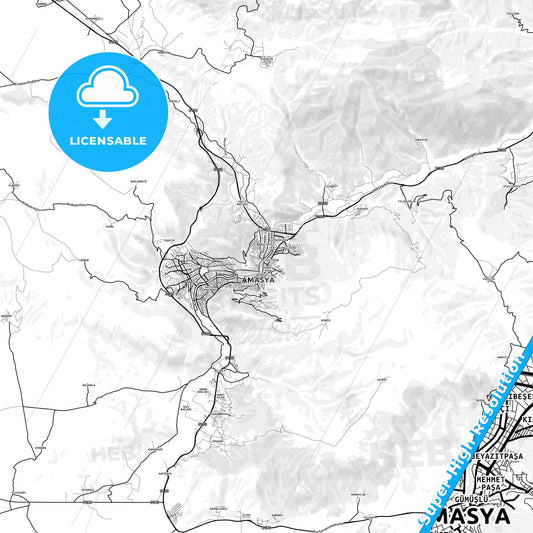 Amasya, Turkey light map with streetnames, citynames and districts