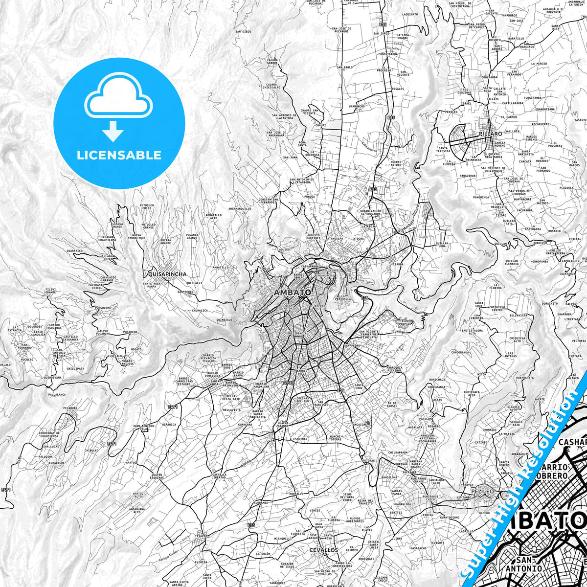 Ambato, Ecuador light map with streetnames, citynames and districts