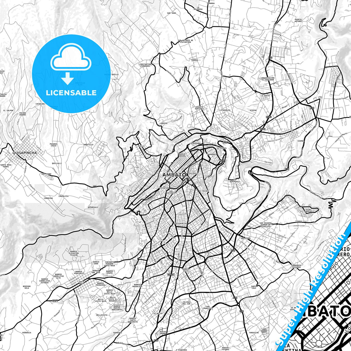 Ambato, Ecuador Light Map with Street Names, City Names, and Districts