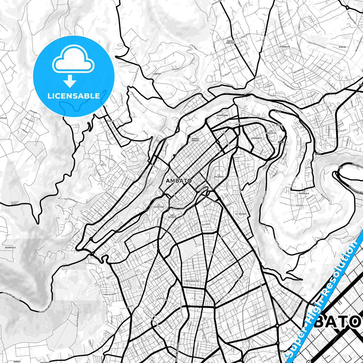 Ambato, Ecuador Light Map with Street Names, City Names, and Districts