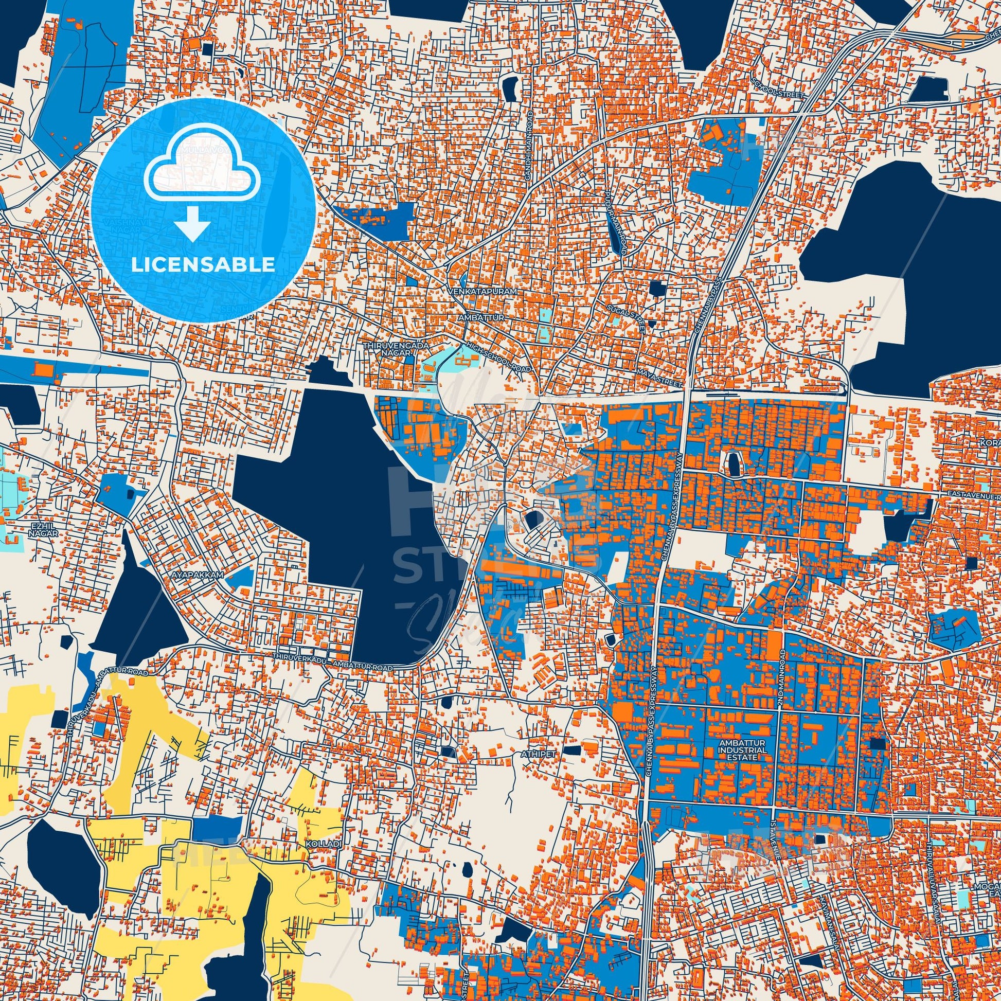 Colorful Ambattur Street Map with Labels and Buildings