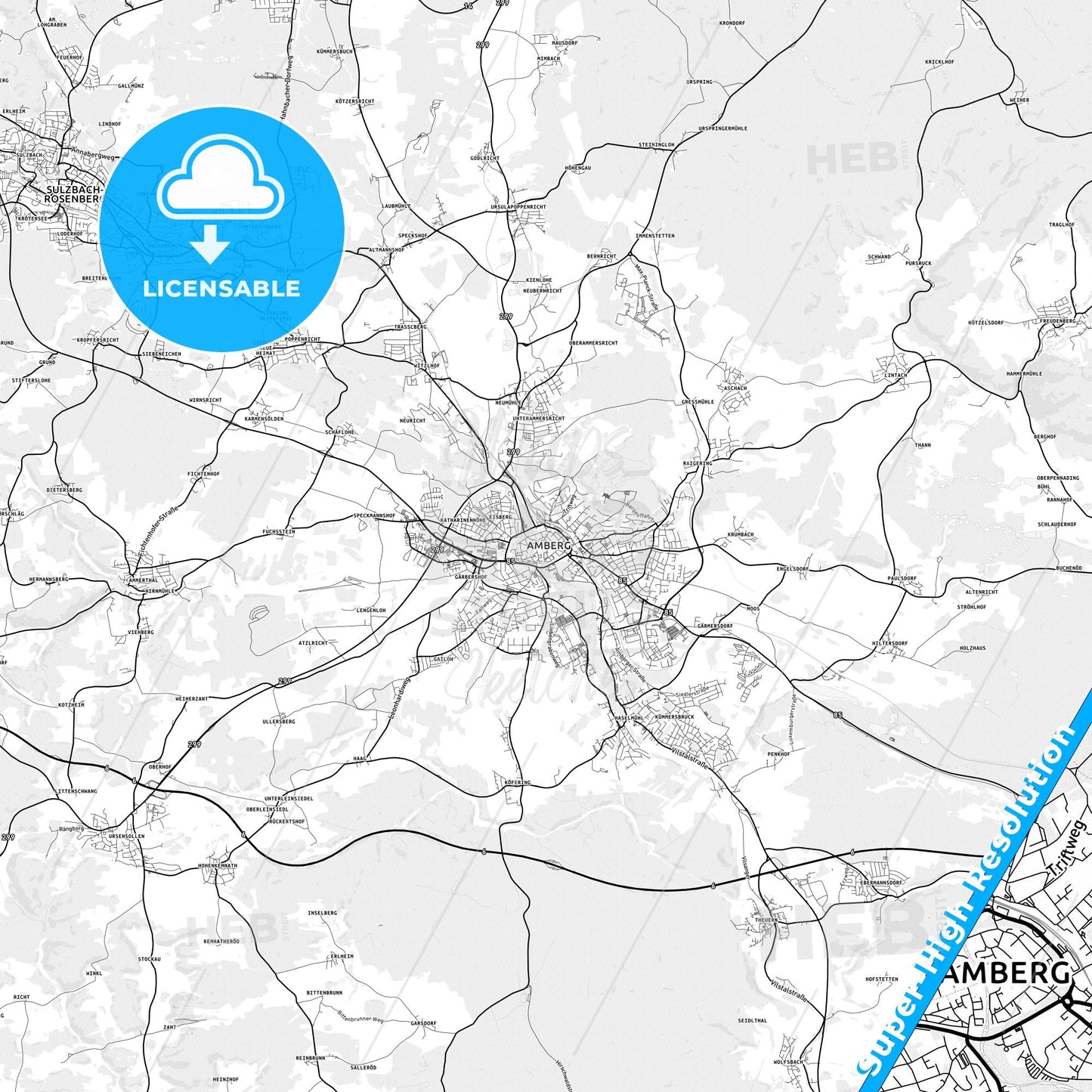 Amberg, Germany light map with streetnames, citynames and districts