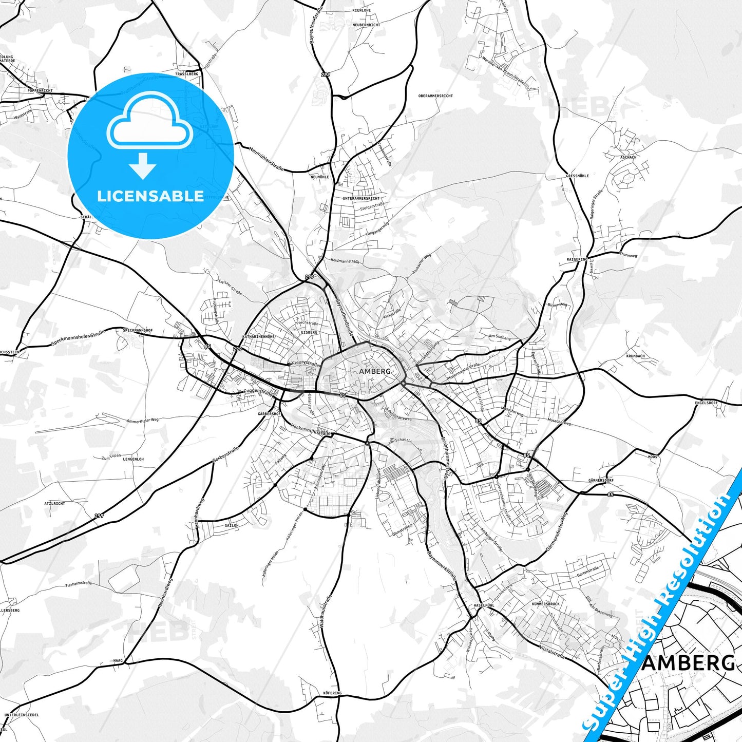 Amberg, Germany Light Map with Street Names, City Names, and Districts