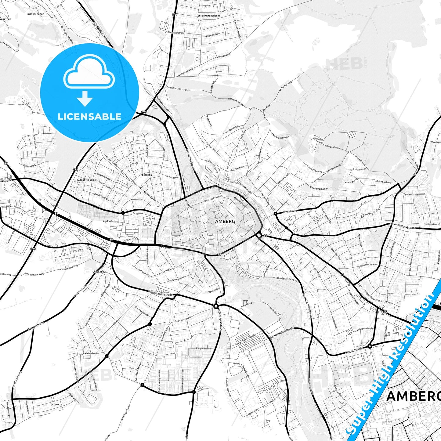 Amberg, Germany Light Map with Street Names, City Names, and Districts