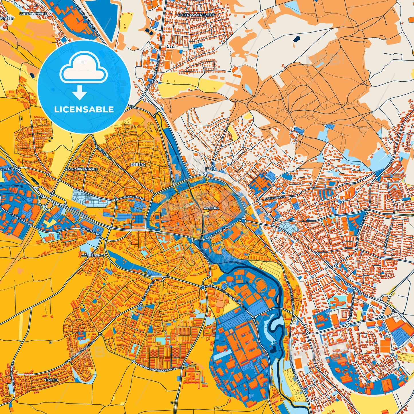 Colorful Amberg Street Map with Labels and Buildings