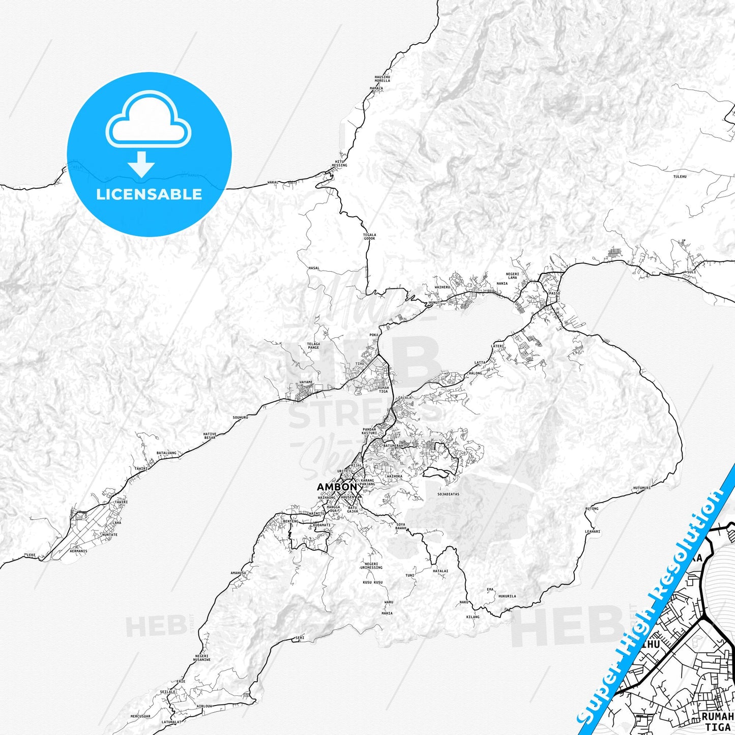 Ambon, Indonesia light map with streetnames, citynames and districts