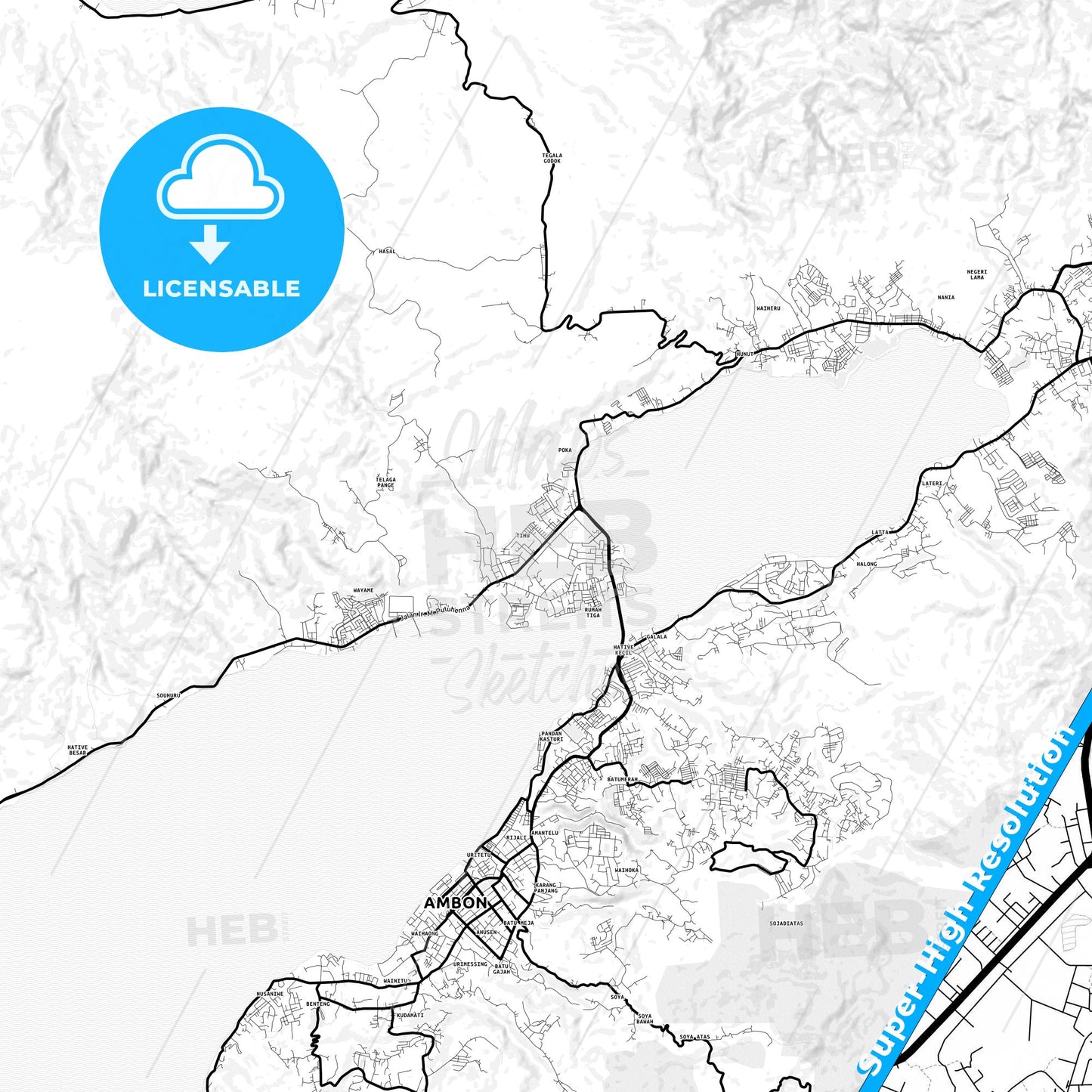 Ambon, Indonesia Light Map with Street Names, City Names, and Districts