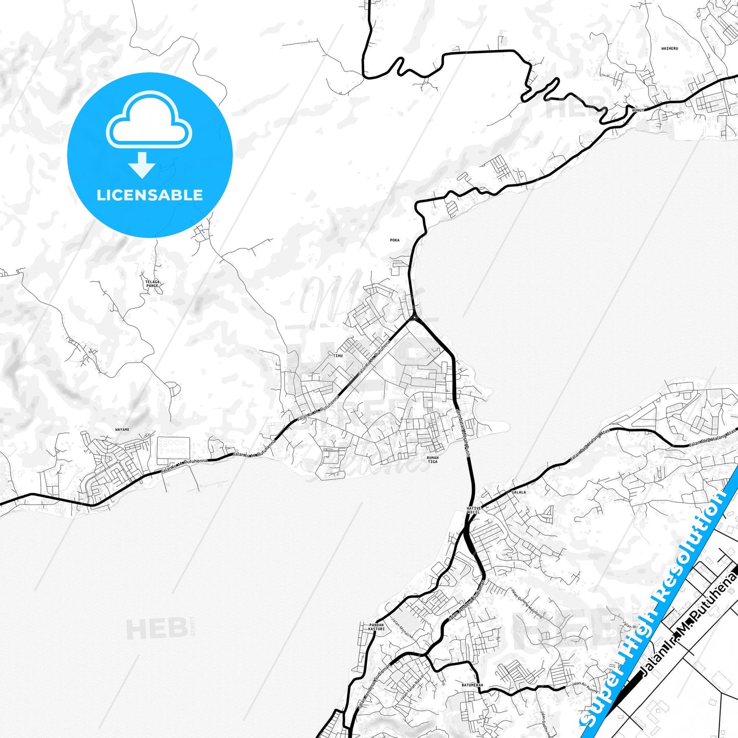 Ambon, Indonesia Light Map with Street Names, City Names, and Districts