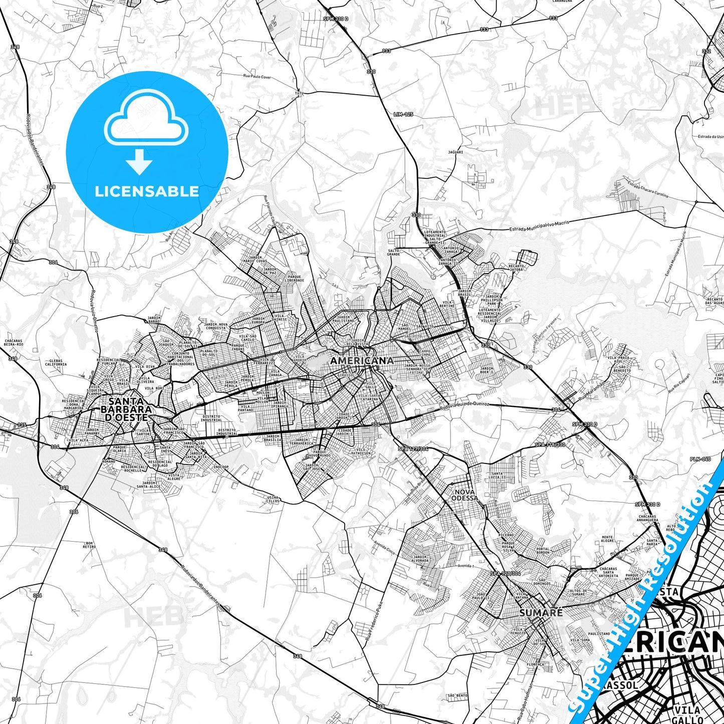 Americana, Brazil light map with streetnames, citynames and districts
