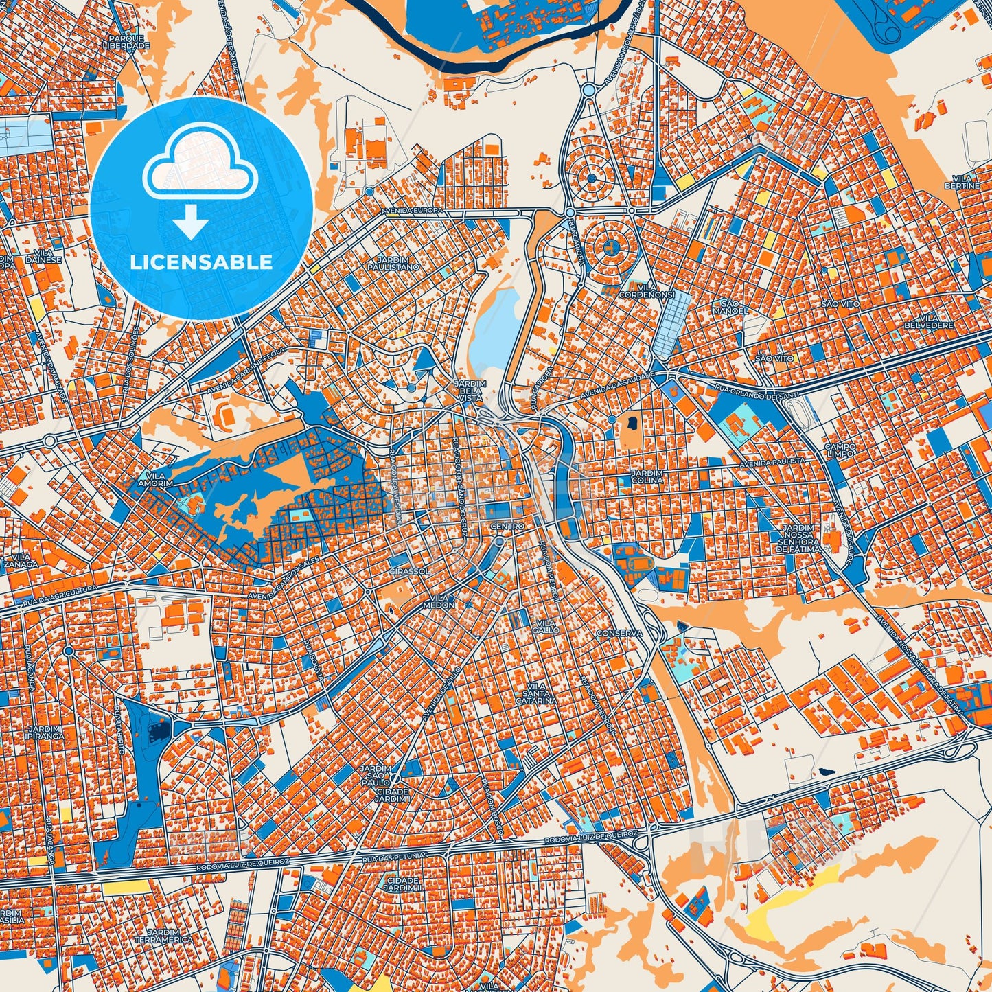 Colorful Americana Street Map with Labels and Buildings