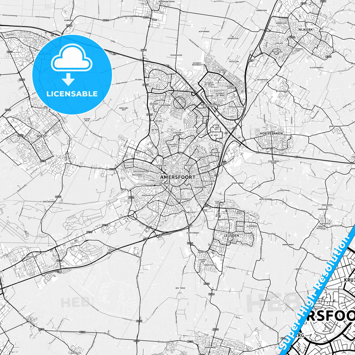 Amersfoort, Netherlands light map with streetnames, citynames and districts