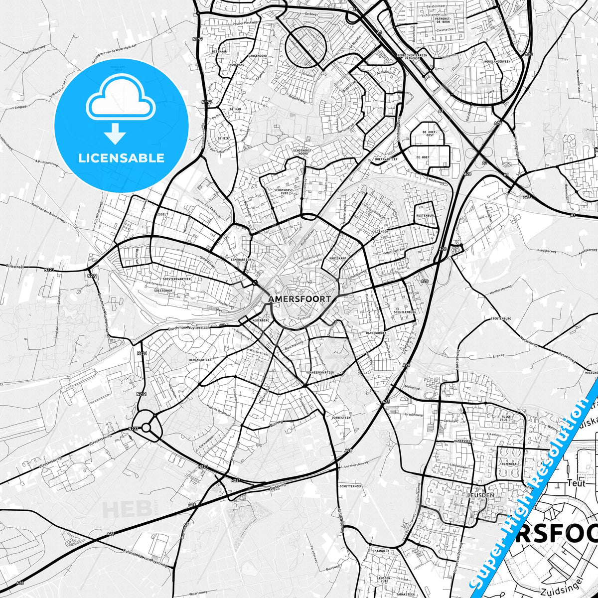 Amersfoort, Netherlands Light Map with Street Names, City Names, and Districts