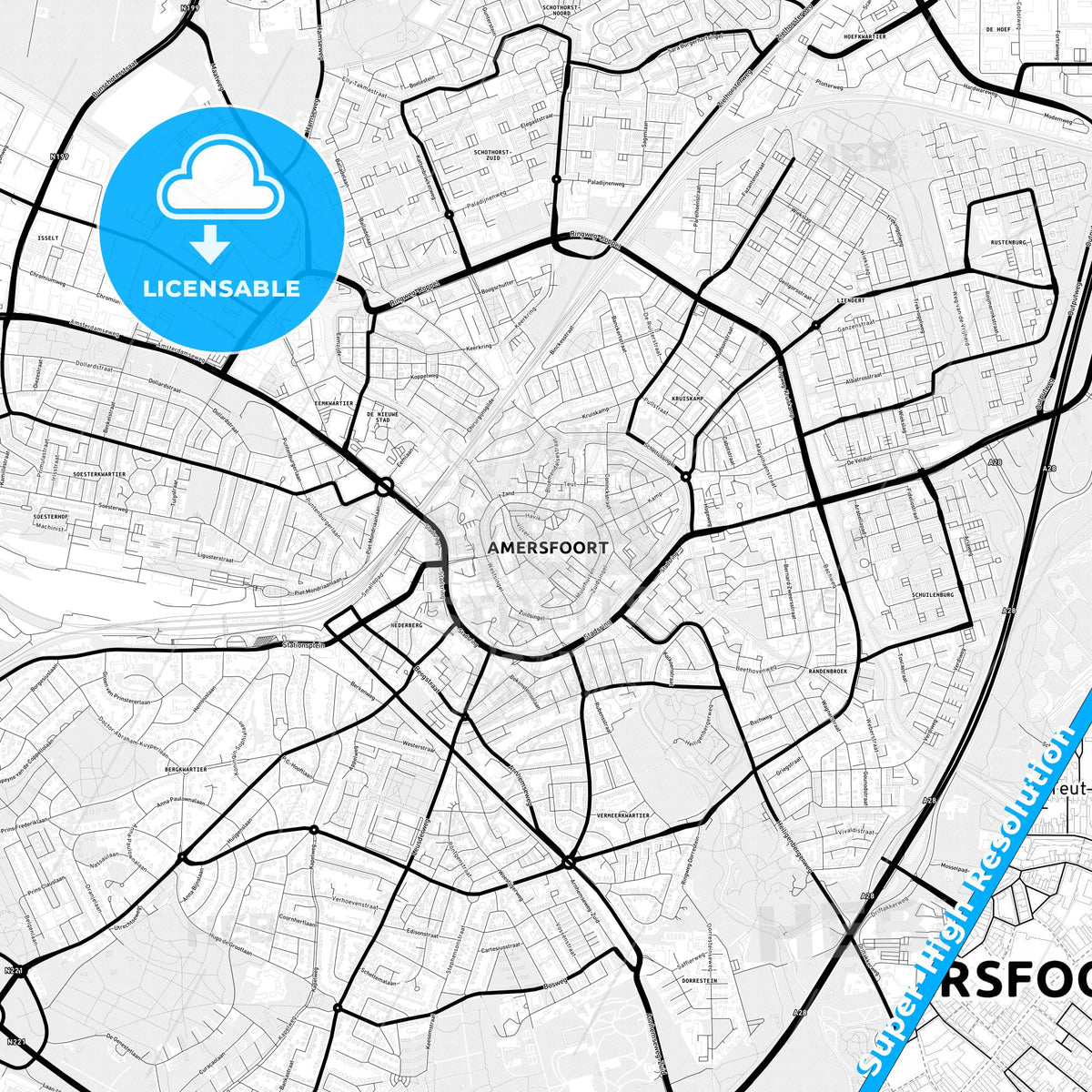 Amersfoort, Netherlands Light Map with Street Names, City Names, and Districts