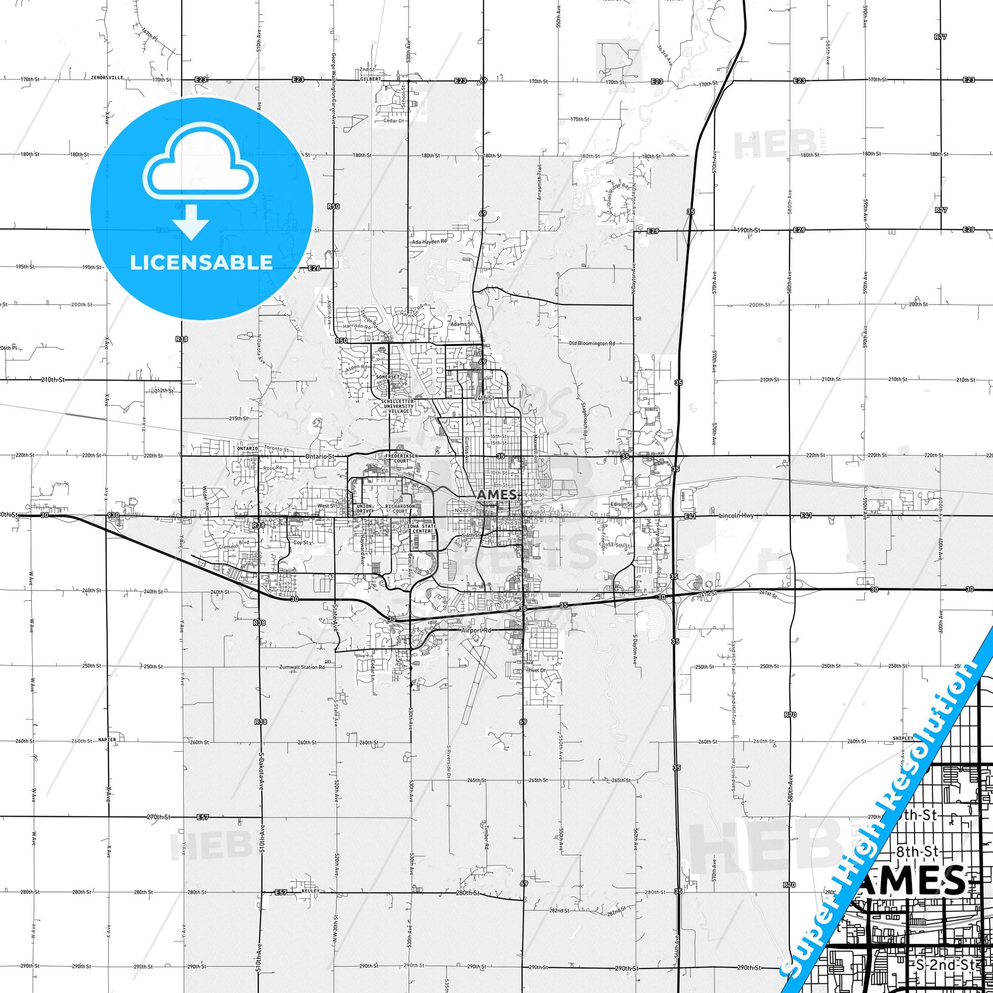 Ames, Iowa light map with streetnames, citynames and districts