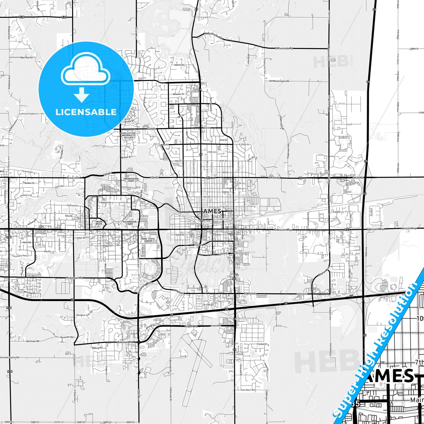 Ames, Iowa Light Map with Street Names, City Names, and Districts