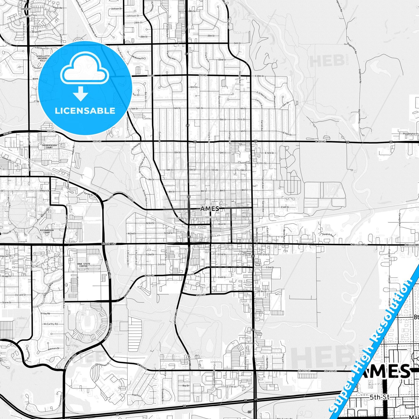 Ames, Iowa Light Map with Street Names, City Names, and Districts
