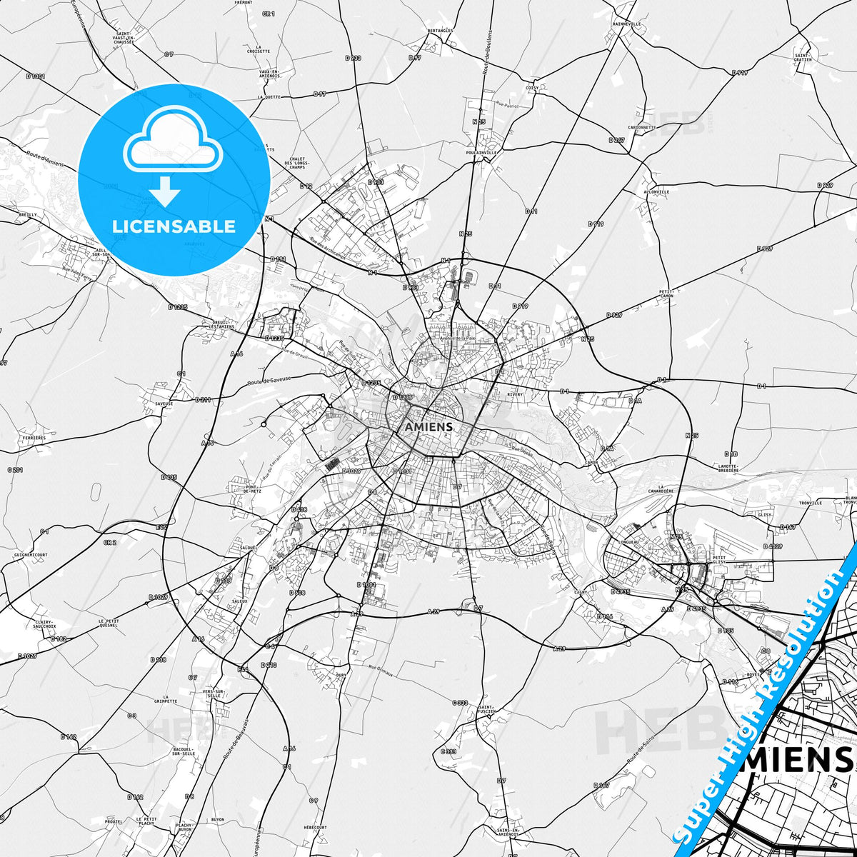 Amiens, France light map with streetnames, citynames and districts