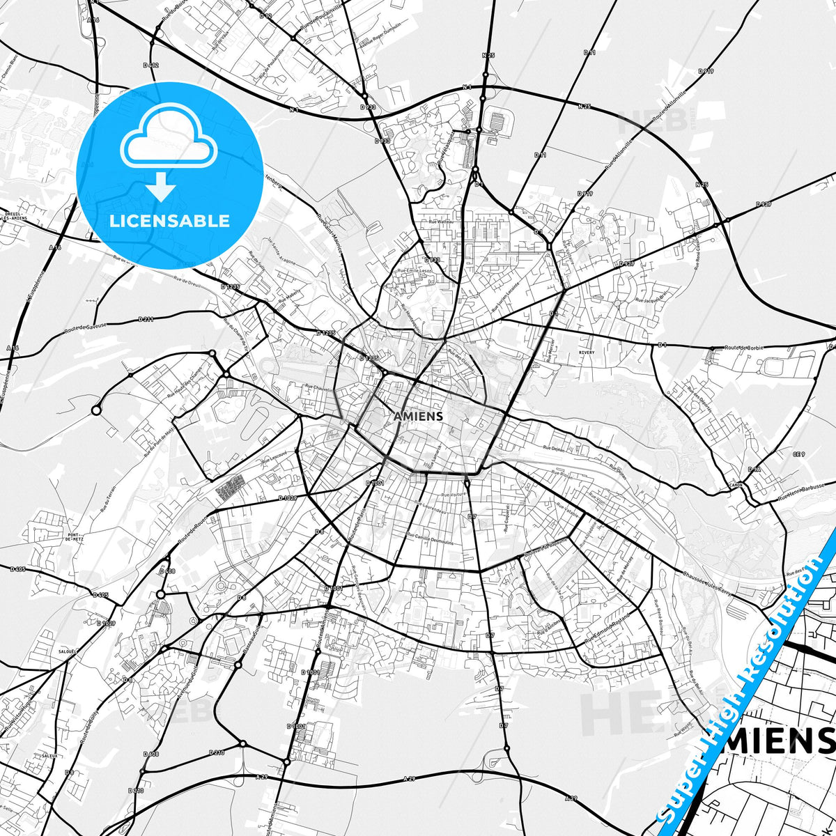 Amiens, France Light Map with Street Names, City Names, and Districts