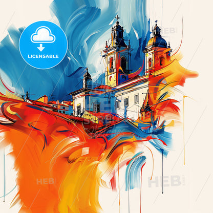 Vibrant Amora, Portugal - A Painting Of A Building With A Colorful Background
